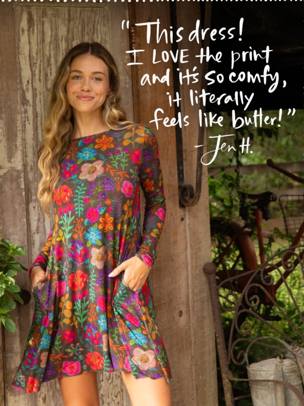 Natural Life STEVIE Long Sleeve Soft Mini Dress in Rainbow Garden Black M - Picture 9 of 9